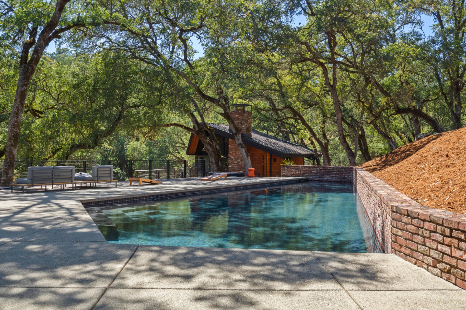Lap pool with the home and oaks in the background